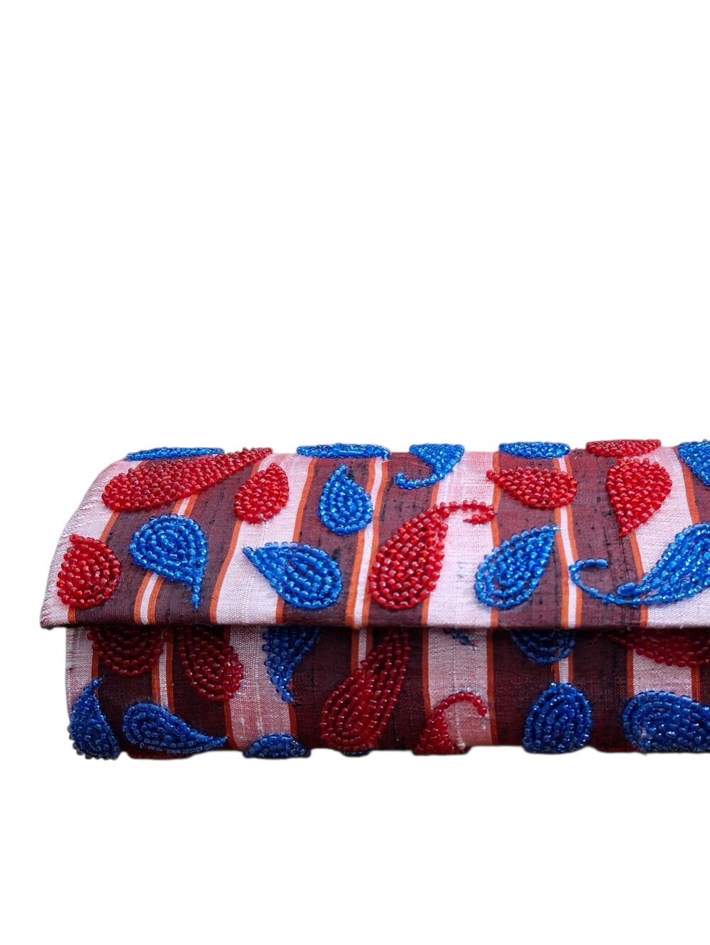 NWT Chan Luu Silk Red & Blue Beaded Paisley Foldover Clutch_1